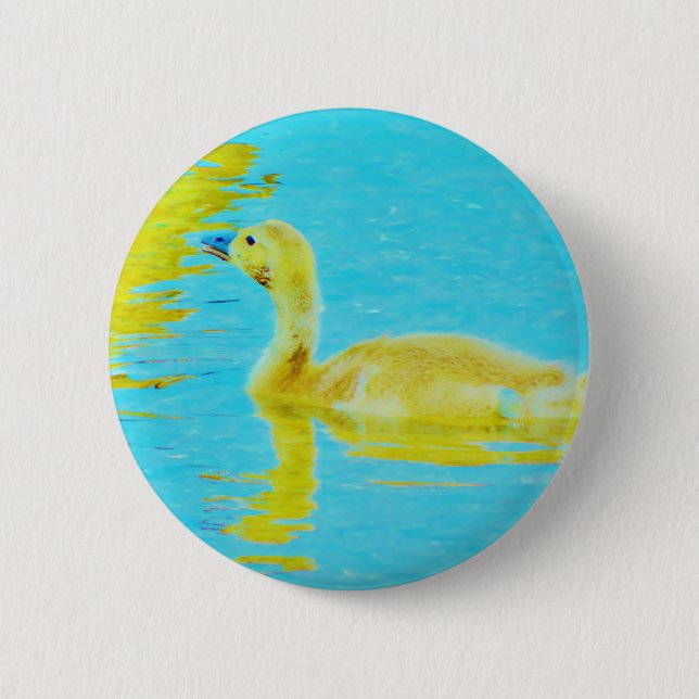 Badge Rond 5 Cm Oie-bébé jaune avec eau bleu clair (Devant)