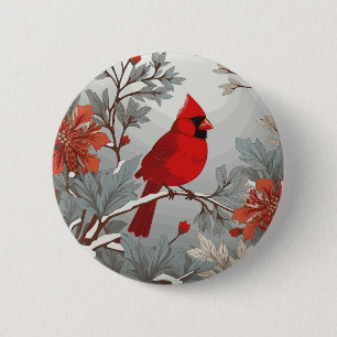 Badge Rond 5 Cm Oiseau cardinal rouge hivernal
