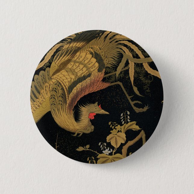 Badge Rond 5 Cm Oiseau de coq d'or Classique japonais Antique (Devant)