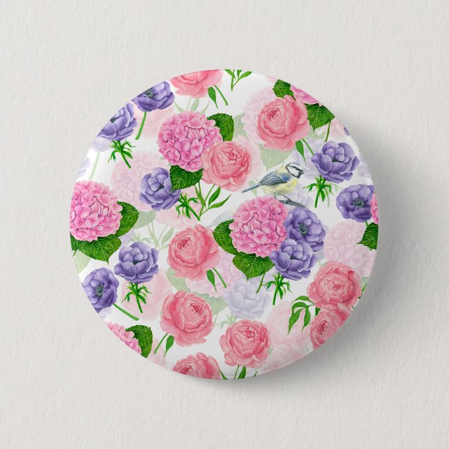 Badge Rond 5 Cm Oiseau et fleurs (Devant)