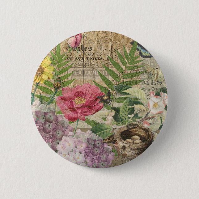 Badge Rond 5 Cm Oiseau Nid Floral Jardin Fleur Papillon Art (Devant)