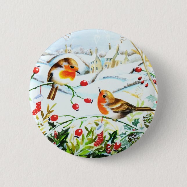 Badge Rond 5 Cm Oiseau Robin Couple Winter Holly Noël (Devant)