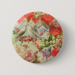 Badge Rond 5 Cm Oiseaux de l'amour Vintage Antique Cœur