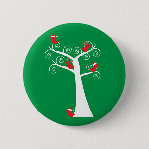 Badge Rond 5 Cm Oiseaux de Noël rouge dans un arbre vert de Père N