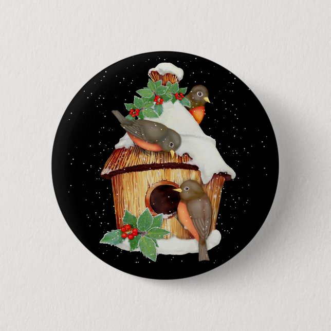 Badge Rond 5 Cm Oiseaux d'hiver et maison d'oiseaux (Devant)