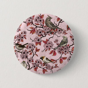 Badge Rond 5 Cm Oiseaux et fleurs de cerisier sur rose rose