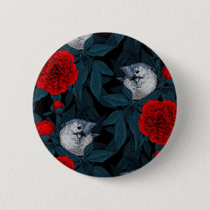 Badge Rond 5 Cm Oiseaux et fleurs de pivoines rouges avec feuilles