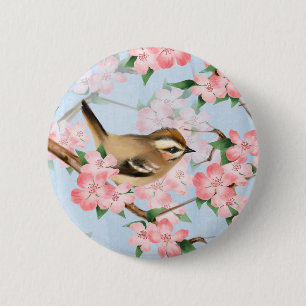 Badge Rond 5 Cm Oiseaux et fleurs. Motif du jardin de printemps