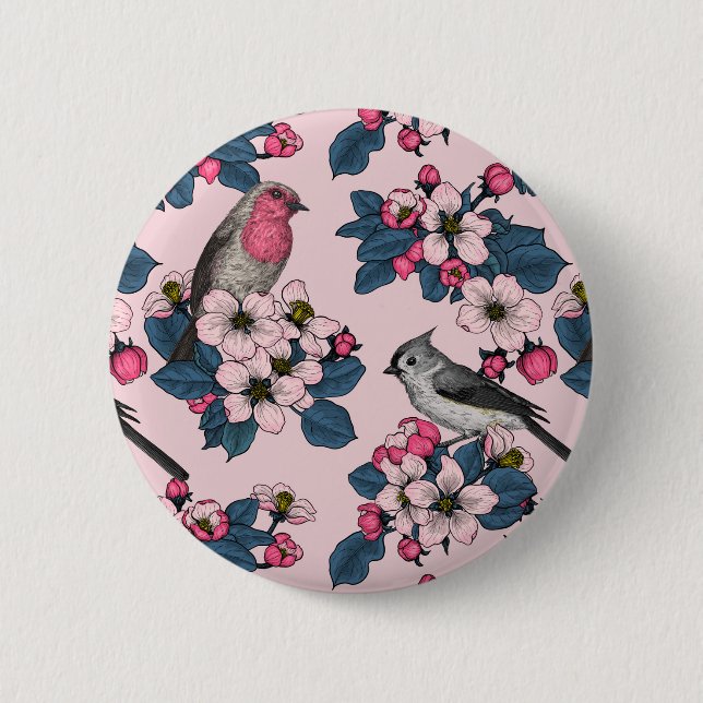 Badge Rond 5 Cm Oiseaux et fleurs roses (Devant)
