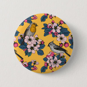 Badge Rond 5 Cm Oiseaux et fleurs sur le jaune