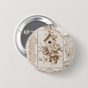 Badge Rond 5 Cm Oiseaux Et Maison Shabby Chic