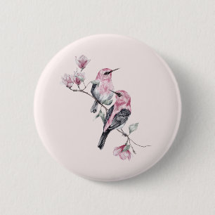 Badge Rond 5 Cm Oiseaux roses et noirs sur une branche d'arbre