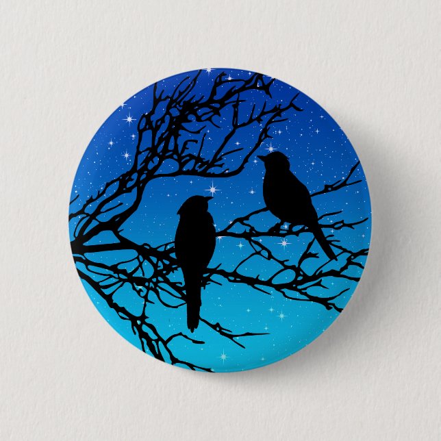 Badge Rond 5 Cm Oiseaux sur une branche, Noir contre Bleu du soir (Devant)