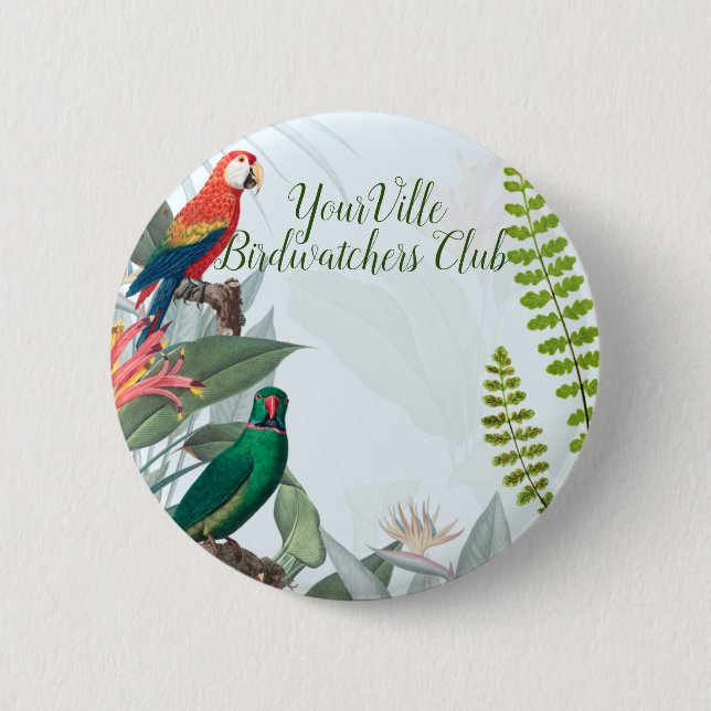 Badge Rond 5 Cm Oiseaux tropicaux Perroquets et feuillage (Devant)