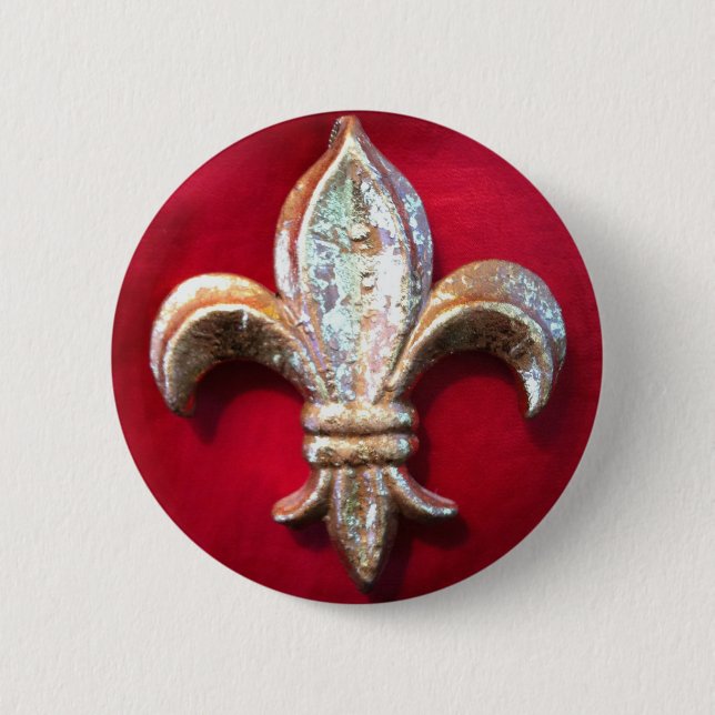 Badge Rond 5 Cm Or Fleur de lis sur le rouge (Devant)