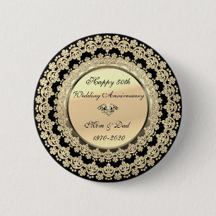 Badge Rond 5 Cm Or Floral Élégant Noir 50e Anniversaire de Mariage