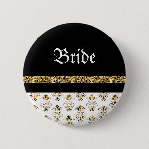 Badge Rond 5 Cm Or noir blanc mariage damassé