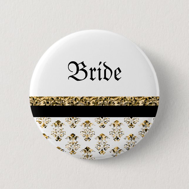 Badge Rond 5 Cm Or noir blanc mariage damassé (Devant)