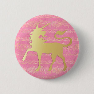 Badge Rond 5 Cm Or & Rose Motif Bohème & Licorne