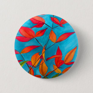Badge Rond 5 Cm Orange feuille Automne art original aquarelle