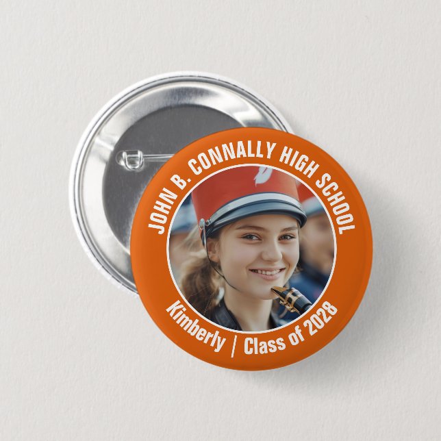 Badge Rond 5 Cm Orange Marching Band Photo High School Brag (Devant & derrière)