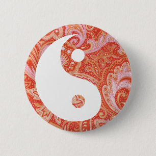 Badge Rond 5 Cm Orange Paisley Yin et Yang