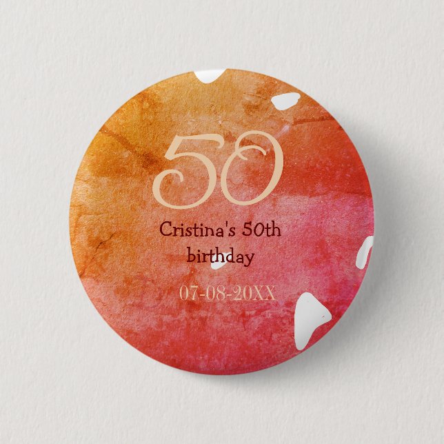 Badge Rond 5 Cm Orange rouge 50 anniversaire ajouter nom date p (Devant)