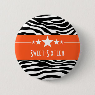 Badge Rond 5 Cm Orange Stars Zebra Print Sweet 16 Bouton