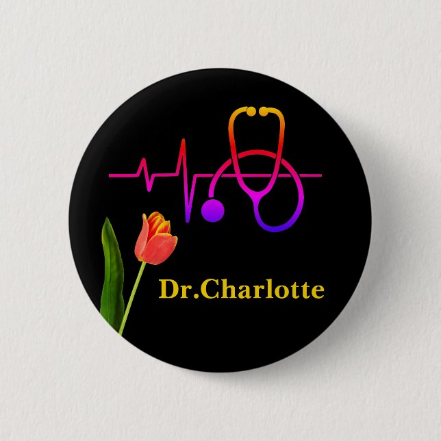 Badge Rond 5 Cm Orange Tulip Heartbeat Stethoscope Medical (Devant)