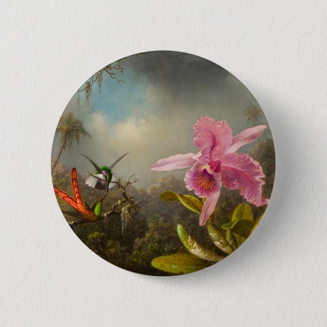 Badge Rond 5 Cm Orchidée avec deux colibris Heade (Devant)
