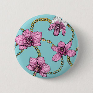 Badge Rond 5 Cm Orchidées et chaînes, roses et bleues