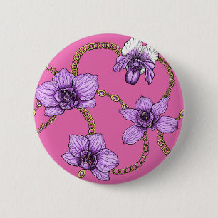 Badge Rond 5 Cm Orchidées et chaînes, violet et rose