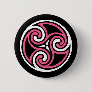 Badge Rond 5 Cm Ornement de Triskele celtique, Fuchsia, noir et bl