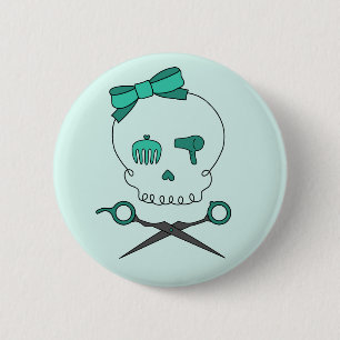 Badge Rond 5 Cm Os croisés de crâne et de ciseaux de coiffeur -