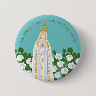 Badge Rond 5 Cm Our Lady of Fatima and white roses
