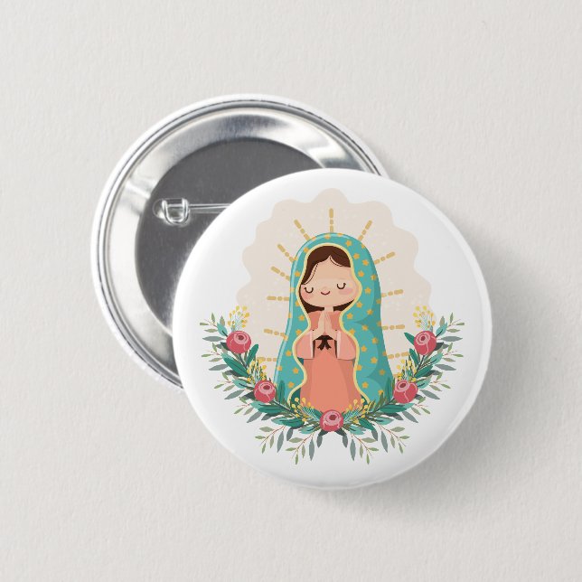 Badge Rond 5 Cm Our Lady of Guadalupe with flowers Kawaii Style (Devant & derrière)