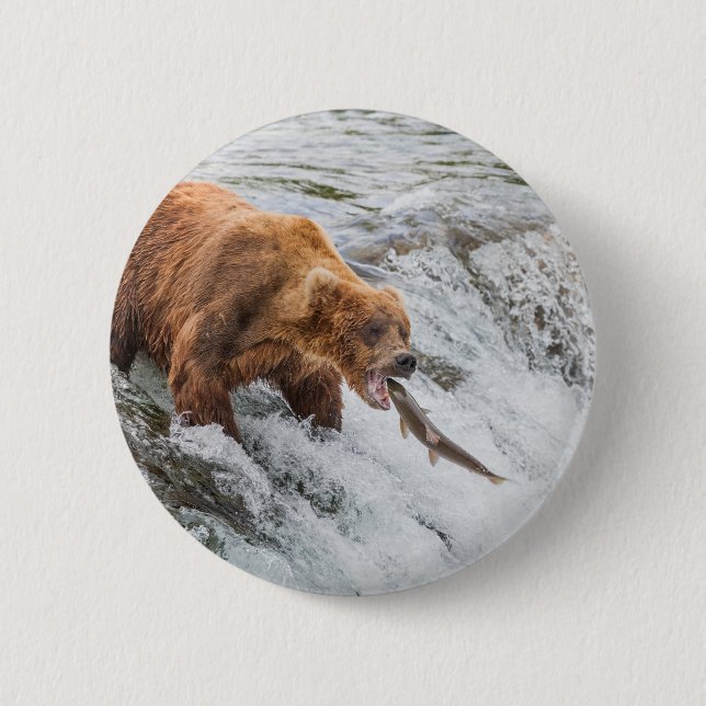 Badge Rond 5 Cm Ours brun attrape un saumon rouge (Devant)