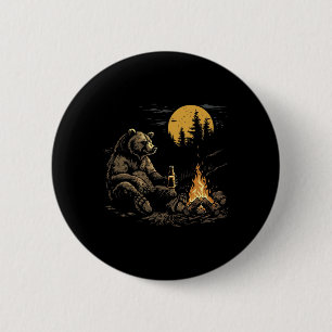 Badge Rond 5 Cm Ours de camping buvant de la bière randonnée natur