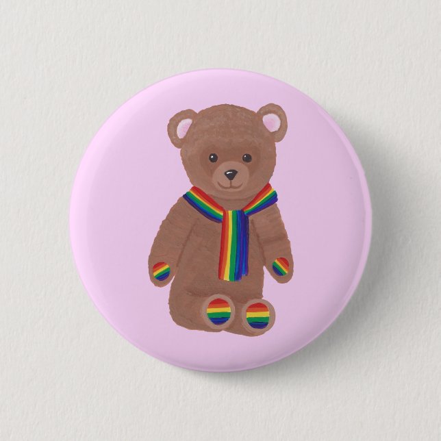 Badge Rond 5 Cm Ours de nounours, écharpe d'arc-en-ciel et pattes, (Devant)