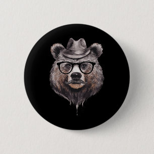 Badge Rond 5 Cm Ours drôle avec chapeau et lunettes pour un amateu