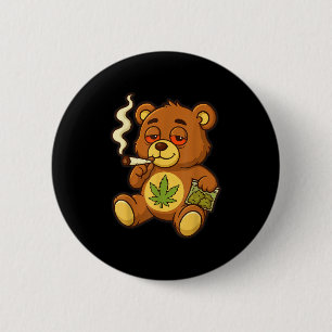 Badge Rond 5 Cm Ours En Jouet Mauvaise Herbe Fumer Ours Avec Feuil