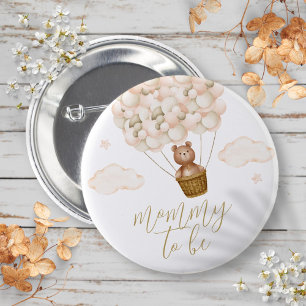Badge Rond 5 Cm Ours en peluche Maman Bientôt pour Baby Shower Or