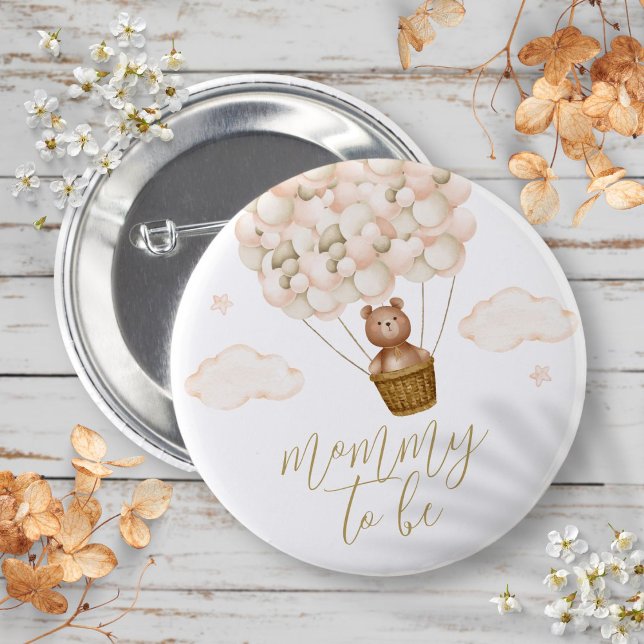 Badge Rond 5 Cm Ours en peluche Maman en devenir Doré Baby Shower (Mommy To Be Teddy Bear Gold Baby Shower Button)