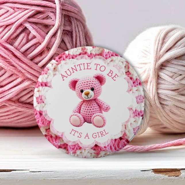 Badge Rond 5 Cm Ours en peluche rose au crochet | Tante à venir (Créateur téléchargé)