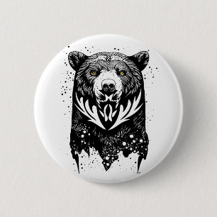Badge Rond 5 Cm Ours Grizzly Wild Animal Nature Illustration Art