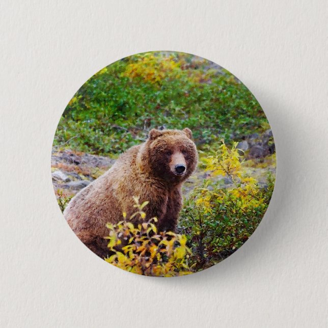 Badge Rond 5 Cm Ours mou dans la forêt Bois Animaux bouton épingle (Devant)