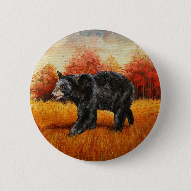 Badge Rond 5 Cm Ours noir en forêt d'automne (Devant)