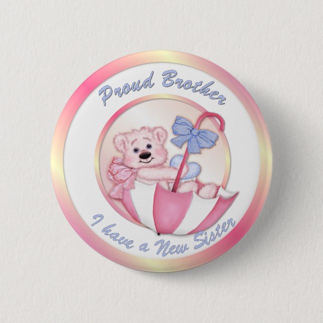 Badge Rond 5 Cm Ours Parapluie - Frère - Fille (Devant)