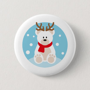 Badge Rond 5 Cm Ours polaire Reindeer de Noël Yule Neige d'hiver