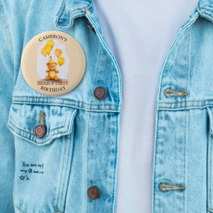 Badge Rond 5 Cm Ours Premier anniversaire Sexe Ours jaune neutre